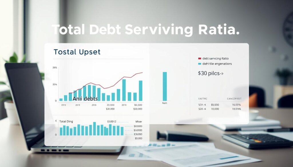 A detailed visualization of the total debt servicing ratio, depicted as a financial report or dashboard. The foreground features a clear, data-driven infographic displaying the key metrics, with clean typography and intuitive visualizations. The middle ground showcases a well-organized workspace, with a laptop, calculator, and financial documents, suggesting a professional financial analysis environment. The background suggests a minimalist office setting, with neutral colors and simple decor, allowing the financial information to take center stage. The lighting is soft and diffused, creating a calm and focused atmosphere, well-suited for the informative nature of the image.