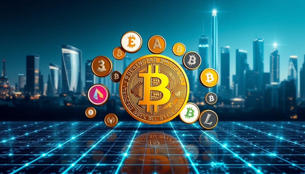A digital landscape showcasing the diverse cryptocurrency categories. In the foreground, a large Bitcoin icon stands prominently, its classic 'B' symbol gleaming under crisp, directional lighting. Surrounding it, smaller icons representing Altcoins, Memecoins, and Stablecoins are arranged in a dynamic, overlapping composition. The middle ground features a stylized grid or array, hinting at the complex networks and infrastructures that support these digital assets. In the background, a sleek, futuristic cityscape with gleaming skyscrapers and holographic displays creates a sense of technological progress and innovation. The overall mood is one of balance, sophistication, and the vast potential of the cryptocurrency ecosystem.