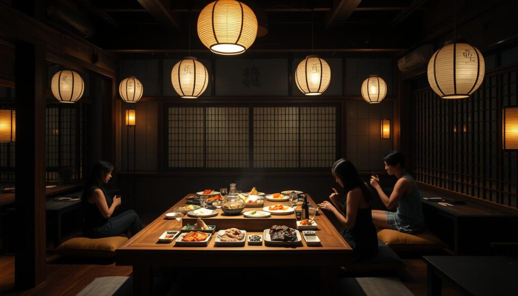 A dimly lit Japanese izakaya, the soft glow of paper lanterns casting warm shadows across the intimate dining space. At the center, a raised wooden platform, where diners sit cross-legged on plush cushions, savoring an artful presentation of sashimi, yakitori, and seasonal small plates. Wooden beams and shoji screens create a sense of seclusion, as the muted chatter of patrons and the gentle clink of sake glasses set the mood. The air is fragrant with the aroma of simmering dashi and the smoky char of grilled meats. Subdued lighting highlights the intricate textures of the decor, from the weathered wood to the delicate ceramics that hold the meticulously prepared dishes.