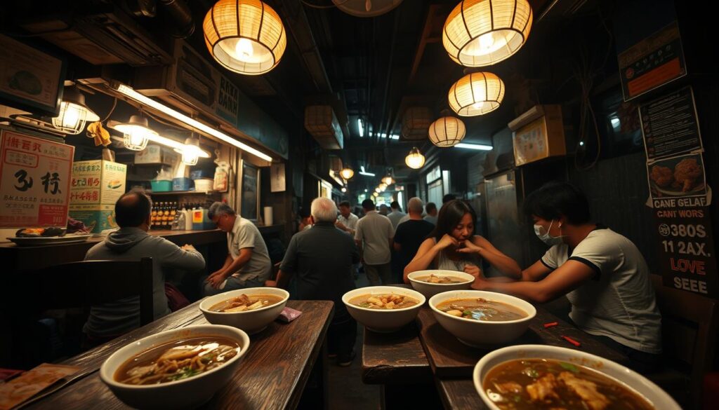 A dimly lit, cozy hawker stall nestled in a bustling Singaporean alley, the air thick with the aromatic steam of Joo Siah's signature bak kut teh. Bowls of the hearty herbal broth, filled with tender pork ribs and chinese herbs, sit atop worn wooden tables. Patrons huddle around, chatting and slurping up the flavorful soup, illuminated by the warm glow of hanging lamps. The scene evokes a sense of humble authenticity, a hidden gem offering a quintessential bak kut teh experience. Wide-angle lens captures the intimate atmosphere, low-key lighting accentuating the homely ambiance.