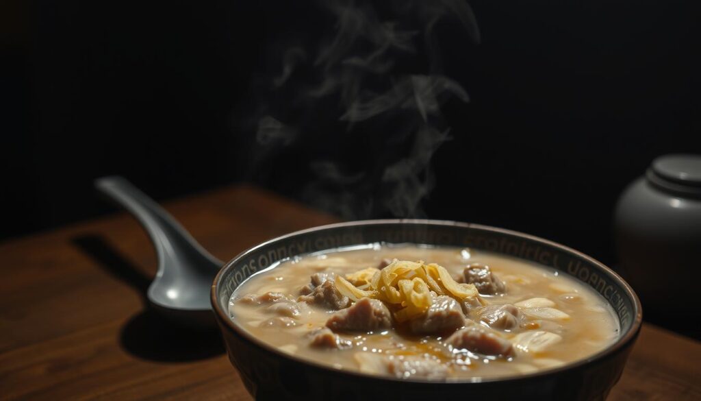 A dimly lit, cozy late-night scene featuring a steaming bowl of pork porridge. The porridge has a thick, creamy texture, with chunks of tender pork, garnished with crispy fried onions, crunchy peanuts, and a drizzle of fragrant sesame oil. The table is set with a simple, elegant ceramic bowl and spoon, placed on a wooden surface. Soft, warm lighting illuminates the scene, creating a comforting and inviting atmosphere. The background is blurred, emphasizing the focus on the comforting and satisfying bowl of porridge, a perfect late-night treat.
