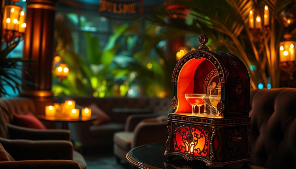 A dimly lit, cozy music box lounge filled with the warm glow of candlelight. In the foreground, a luxurious jewel-encrusted music box emits a delicate, melodic tune, surrounded by an array of elegant cocktail glasses brimming with vibrant, free-flowing drinks. The middle ground features plush, velvet-upholstered seating, creating an intimate atmosphere for late-night karaoke and conversation. The background showcases a lush, tropical-inspired setting, with lush greenery and soft lighting, transporting the viewer to a serene, enchanting oasis amidst the bustling city.