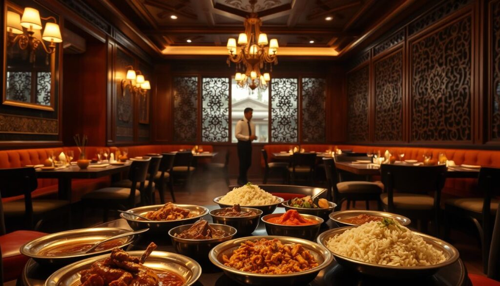 A dimly lit, cozy restaurant interior with warm, earthy tones. In the foreground, a table set with gleaming brass plates and bowls, filled with fragrant Awadhi dishes - tender, slow-cooked meats, aromatic basmati rice, and vibrant chutneys. In the middle ground, servers in crisp, traditional uniforms move gracefully among the tables, while soft, ambient lighting casts a gentle glow. The background features intricate, carved wooden screens and ornate chandeliers, evoking the grandeur of historic Awadhi palaces. An atmosphere of refined elegance and the comforting aroma of spices permeates the space, inviting diners to savor the flavors of this celebrated regional cuisine.