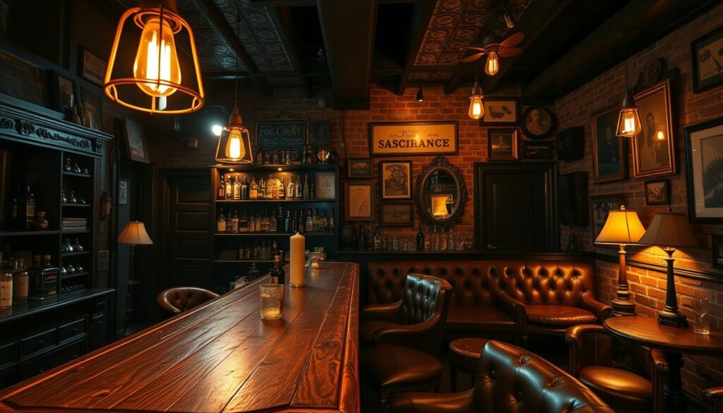 A dimly lit, cozy speakeasy with a handmade, vintage aesthetic. The bar is made of aged, distressed wood, adorned with intricate carvings and patina. Soft, amber lighting casts a warm glow, creating an intimate atmosphere. Behind the bar, shelves display an array of premium spirits and custom cocktail ingredients. Plush, leather-upholstered stools line the bar, inviting guests to settle in. In the corners, mismatched furniture and antique lamps suggest a lovingly curated, eclectic space. The walls are covered in weathered brick and adorned with handpainted signage, vintage mirrors, and framed curiosities. Overhead, a pressed tin ceiling and dangling Edison bulbs complete the divey, speakeasy ambiance.