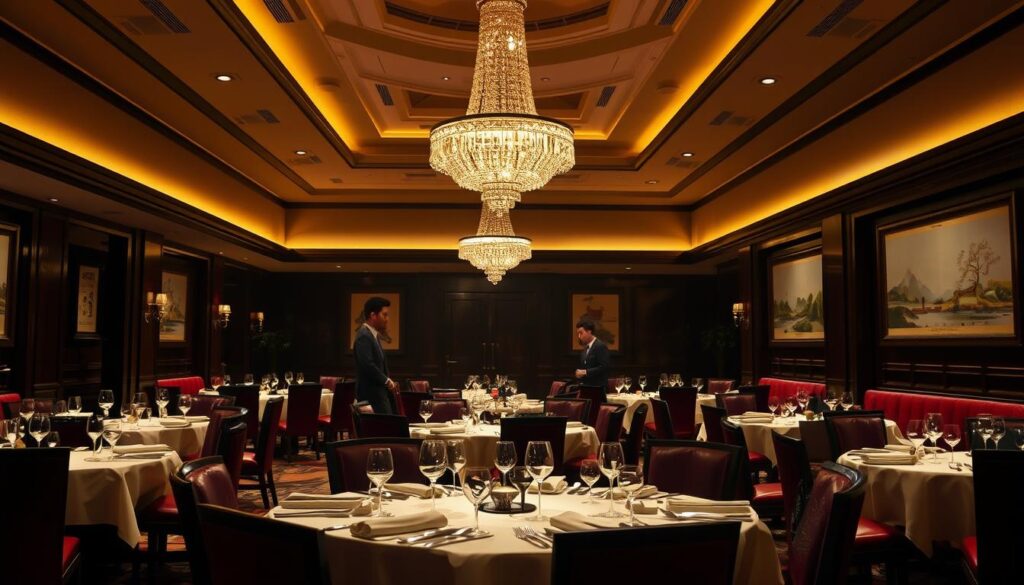 A dimly lit, elegant dining room with high ceilings and plush, burgundy upholstered chairs. Crisp white tablecloths and gleaming silverware adorn the tables, casting a warm glow under soft, ambient lighting. In the center, a stunning chandelier with crystal prisms refracts the light, creating a soft, romantic atmosphere. The walls are paneled in dark, polished wood, adorned with framed Chinese calligraphy and landscape paintings. A team of impeccably dressed servers glide through the room, delivering exquisitely plated Cantonese dishes to discerning diners. The overall impression is one of refined sophistication and exceptional culinary artistry.