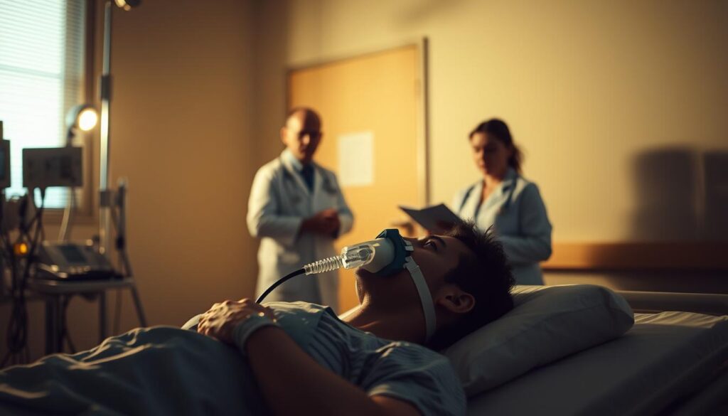 A dimly lit hospital room, the faint beeping of medical equipment echoes in the background. In the foreground, a person lies in a hospital bed, hooked up to various tubes and monitors, their face obscured by an oxygen mask. Behind them, a doctor and nurse stand, expressions solemn as they review the patient's chart. The room is bathed in a soft, warm light, casting long shadows across the scene. The atmosphere is one of concern and uncertainty, reflecting the challenges posed by the COVID-19 pandemic. The image conveys the importance of comprehensive travel insurance coverage during these uncertain times.