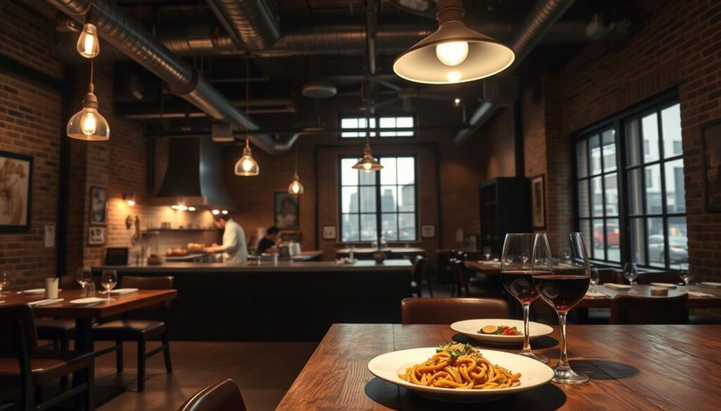 A dimly lit industrial-style dining room with exposed brick walls, steel beams, and vintage light fixtures. In the foreground, a wooden table is set with plates of traditional Italian dishes, including a steaming plate of pasta and a glass of red wine. The middle ground features an open kitchen, where chefs in crisp white uniforms can be seen preparing food. In the background, a large window offers a glimpse of the bustling city outside, creating a contrast between the rustic, cozy atmosphere inside and the dynamic urban landscape beyond. The overall mood is one of refined elegance and timeless Italian flavors, set against a backdrop of modern industrial design.