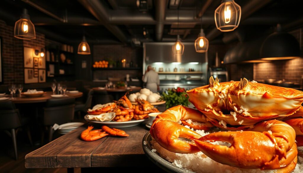 A dimly lit, industrial-style seafood restaurant with a focus on tradition and legacy. In the foreground, a large crab dish takes center stage, its succulent meat glistening under the soft, warm lighting. Surrounding it, an array of classic seafood delicacies, including steamed lobster, grilled prawns, and fresh oysters on the half shell. The middle ground features a rustic, weathered wooden table, complemented by vintage-inspired light fixtures and exposed brick walls. In the background, a glimpse of an open kitchen, where skilled chefs carefully prepare the seafood dishes using time-honored techniques. The overall atmosphere exudes a sense of timeless elegance and a deep respect for the culinary traditions of the past.