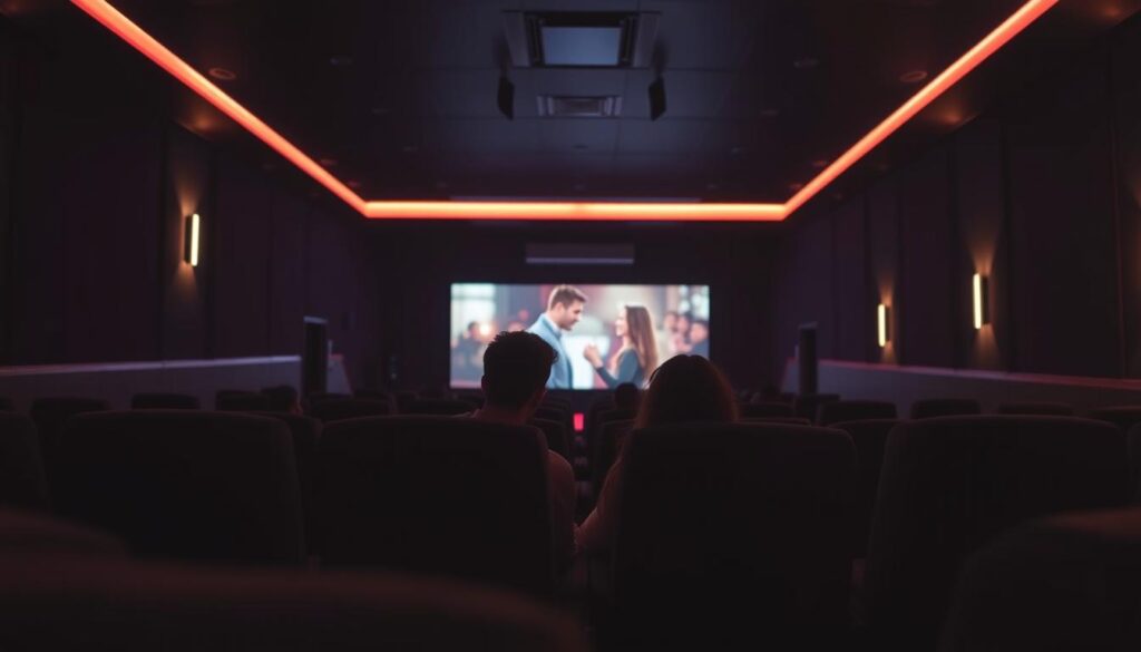 A dimly lit, intimate cinema interior with plush, modern seating and soft mood lighting. The central focus is a couple seated in the middle rows, enjoying a romantic date night movie. In the foreground, the couple's silhouettes are visible, holding hands and leaning towards each other. The middle ground features the theater's sleek, contemporary decor, with clean lines and muted colors. The background showcases the theater's large screen, playing a visually captivating movie scene. The overall atmosphere is cozy, relaxed, and conducive to a memorable date night experience.