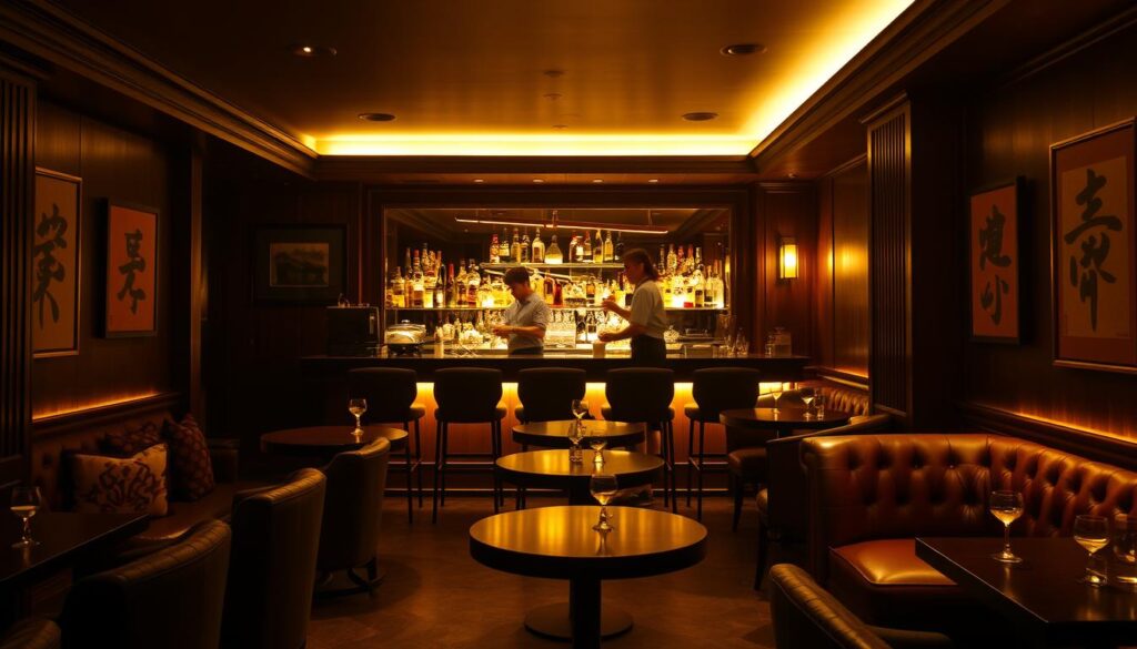 A dimly lit, intimate interior of the Last Word cocktail bar in Singapore. The space is bathed in warm, golden lighting, creating a cozy and sophisticated ambiance. The bar counter is made of dark wood, with a mirrored backsplash reflecting the intricate glassware and bottles of premium spirits. Plush leather armchairs and low tables are arranged in intimate seating areas, allowing for comfortable conversation. The walls are adorned with subtle Japanese-inspired artwork, adding to the refined, Tokyo-inspired aesthetic. Bartenders meticulously prepare classic cocktails with unparalleled precision, their movements captured in the soft, diffused lighting. The overall atmosphere evokes a sense of timeless elegance and attention to detail, perfectly complementing the "Classic Cocktails with Japanese Precision" theme.