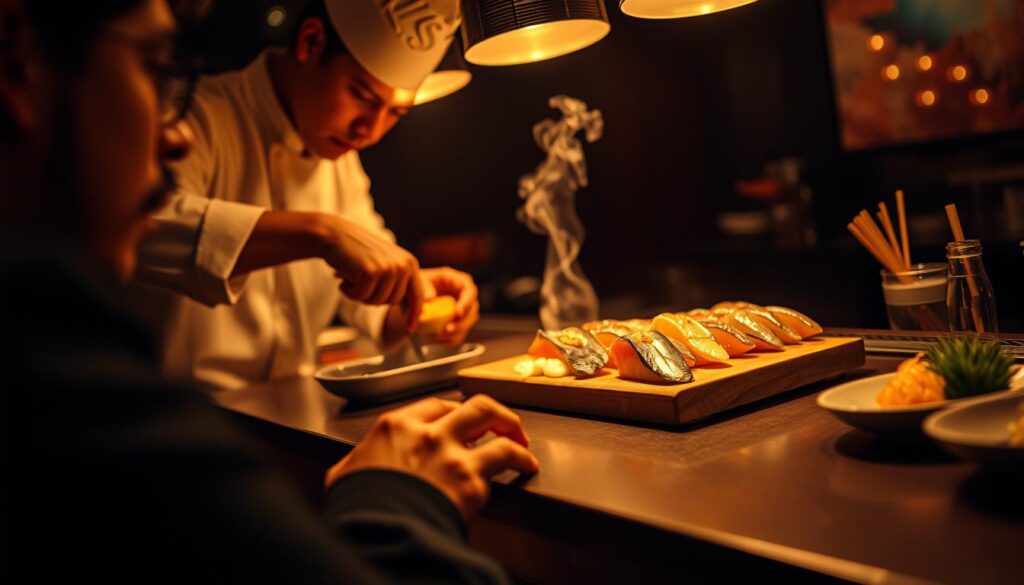 A dimly-lit, intimate sushi counter with a skilled chef meticulously crafting each bite, showcasing his culinary artistry and storytelling skills. The chef's skilled hands gracefully slice fresh, glistening seafood, arranging them with precision on a wooden serving board. The ambient lighting casts a warm, golden glow, creating a cozy and immersive atmosphere. In the foreground, a single diner is transfixed, their eyes fixed on the chef's every move, eagerly anticipating the next course of this exclusive, personalized omakase experience. The background is softly blurred, allowing the focus to remain on the captivating choreography of the chef's performance.