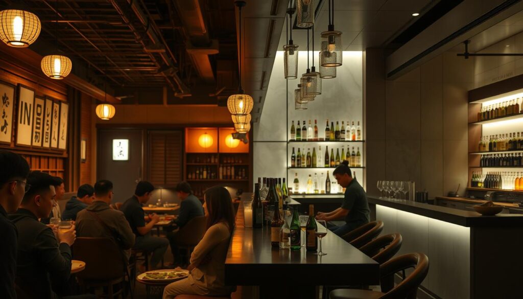 A dimly lit izakaya interior, with a warm, cozy atmosphere. In the foreground, patrons sipping on draft beers and sharing small plates of yakitori and edamame. In the middle ground, a long wooden bar with an impressive selection of premium sake bottles, bartenders skillfully pouring and mixing cocktails. The background features a sleek, modern sake bar, with clean lines, minimalist decor, and a serene, contemplative ambiance. Soft lighting highlights the intricate glassware and the subtle nuances of the artisanal sake. The contrasting settings illustrate the distinct vibes and experiences of these two Japanese drinking establishments.