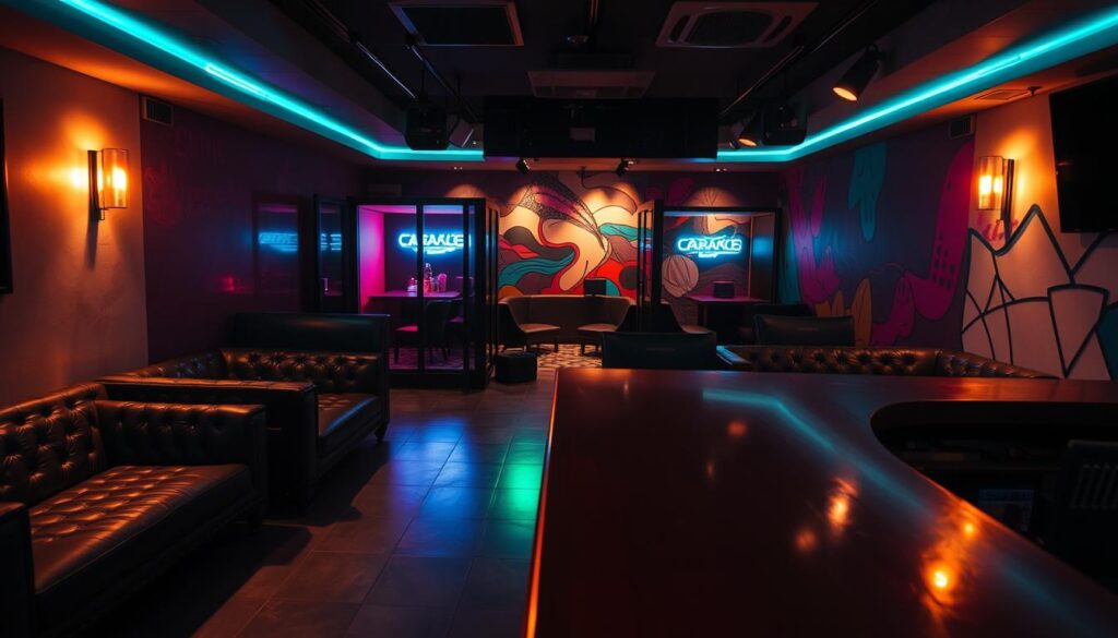 A dimly lit karaoke lounge with plush leather couches and a sleek, modern bar in the foreground. The middle ground features cozy private rooms with neon-accented karaoke setups, inviting guests to sing the night away. In the background, a vibrant abstract mural adorns the walls, creating a lively and trendy ambiance. Soft, warm lighting casts a cozy glow throughout the space, while strategically placed spotlights highlight the karaoke stations. The overall atmosphere evokes an upscale, urban vibe perfect for a fun-filled evening of singing and cocktails.