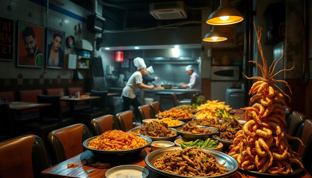 A dimly lit late-night zi char restaurant, the air thick with the aroma of sizzling woks and simmering broths. In the foreground, a table overflows with a feast of iconic Singaporean dishes - glistening fried Hokkien mee, peppery beef rendang, fragrant sambal kangkung, and a towering plate of crispy cereal prawns. Soft, ambient lighting casts a warm glow over the scene, with shadows dancing across the weathered wooden tabletops and worn vinyl chairs. In the background, a bustling open kitchen where chefs expertly toss ingredients, their movements a synchronized dance. The atmosphere is lively and convivial, a quintessential Singaporean late-night dining experience.