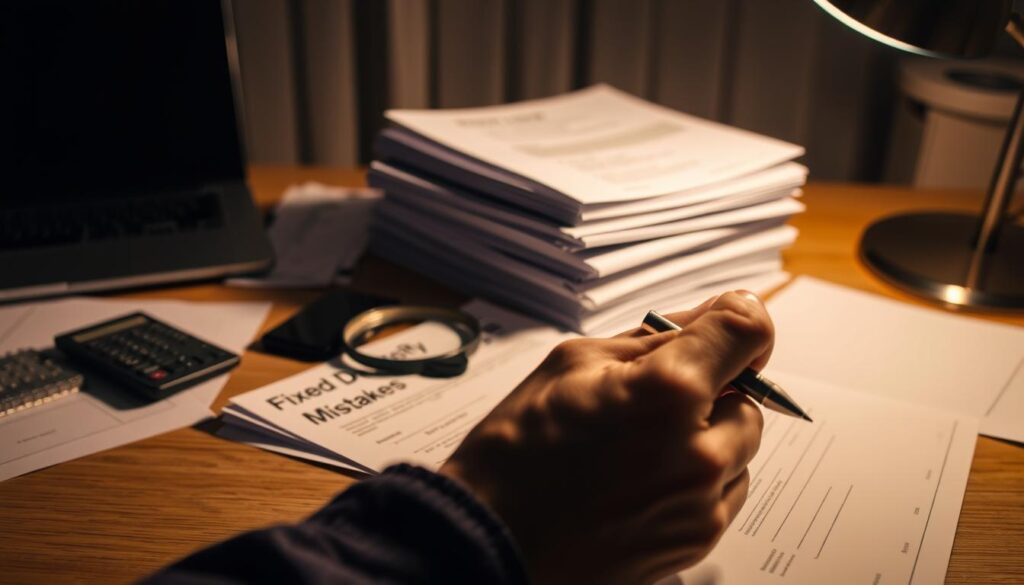 A dimly lit office desk with a pile of paperwork, a calculator, and a laptop. In the foreground, a hand holding a pen hovers over a fixed deposit form, hesitating. The middle ground features a stack of documents labeled "Fixed Deposit Mistakes" and a magnifying glass, hinting at the need for careful review. The background is blurred, suggesting the overwhelming nature of financial decisions. The scene is bathed in a warm, subdued lighting, creating a pensive atmosphere, inviting the viewer to consider the common pitfalls associated with fixed deposits.