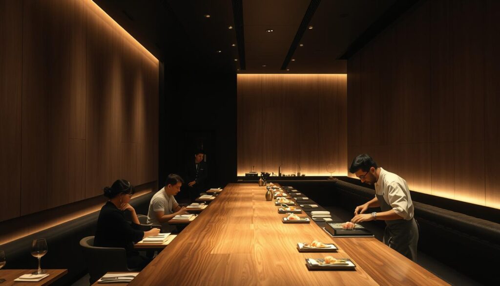 A dimly lit restaurant interior, with a sleek, minimalist design featuring clean lines and natural materials like wood and stone. A long, polished wooden counter dominates the center, where a skilled sushi chef meticulously crafts each course of an elaborate omakase menu. Diners sit along the counter, transfixed by the chef's precise movements and the artful presentation of each dish. Soft lighting casts a warm glow, heightening the intimate, exclusive atmosphere. In the background, subtle Japanese music plays, complementing the serene, refined ambiance. The scene evokes a sense of culinary mastery and immersive dining experience, befitting the best of Singapore's Japanese cuisine.