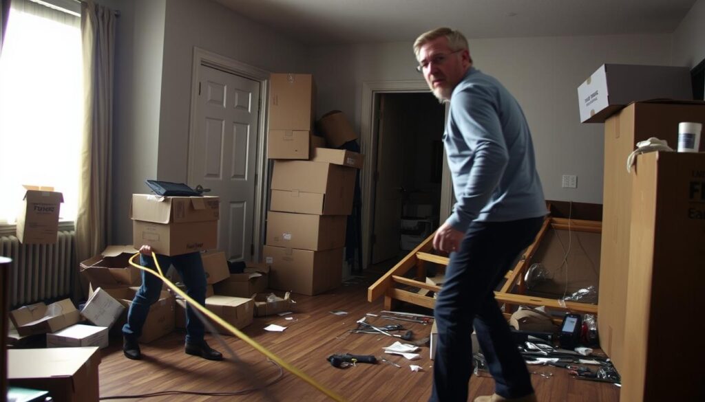 A dimly lit room with scattered moving boxes, packing materials, and tools. In the foreground, a person narrowly avoids tripping over a loose cord, their expression one of concern. In the middle ground, a stack of heavy boxes blocks a doorway, and a person struggles to navigate around them. In the background, a partially disassembled piece of furniture lies on the floor, surrounded by a mess of tools and hardware. The scene conveys the common challenges and hazards encountered during a residential move, with a sense of tension and the need for careful planning and execution. A dimly lit room with scattered moving boxes, packing materials, and tools. In the foreground, a person narrowly avoids tripping over a loose cord, their expression one of concern. In the middle ground, a stack of heavy boxes blocks a doorway, and a person struggles to navigate around them. In the background, a partially disassembled piece of furniture lies on the floor, surrounded by a mess of tools and hardware. The scene conveys the common challenges and hazards encountered during a residential move, with a sense of tension and the need for careful planning and execution.