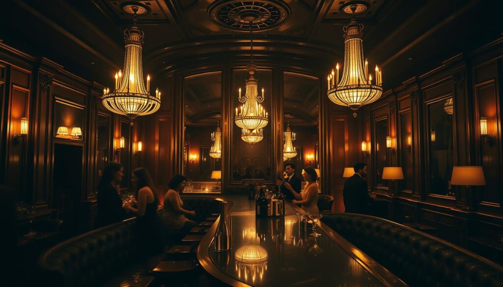 A dimly lit, vintage-inspired bar with a classic Art Deco aesthetic. The interior is adorned with rich mahogany wood paneling, brass accents, and plush leather seating. A long, curved bar takes center stage, surrounded by elegant chandeliers that cast a warm, golden glow. In the background, a towering mirror reflects the scene, creating a sense of depth and grandeur. Patrons are dressed in their finest evening attire, sipping on expertly crafted cocktails while jazz music plays softly in the background, evoking the glamour and sophistication of Old New York.
