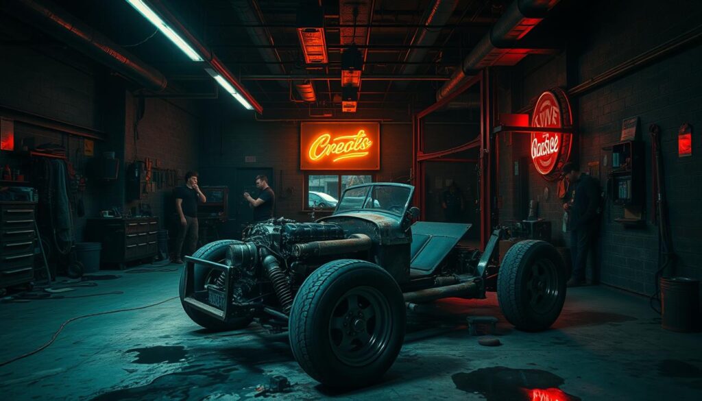 A dingy, dimly-lit auto garage with a gritty, industrial atmosphere. In the foreground, a vintage car chassis sits on a hydraulic lift, its exposed engine parts and rusted metal evoking a sense of raw, unrefined power. The middle ground is cluttered with scattered tools, oil-stained concrete, and the silhouettes of mechanics hunched over their work. In the background, the faint glow of a neon sign casts an acidic, neon-tinged hue over the scene, adding a touch of seedy, neon-soaked ambiance. The overall vibe is one of a high-octane, high-intensity chop shop, where the focus is on function over form, and the passion for the craft is palpable in every detail.
