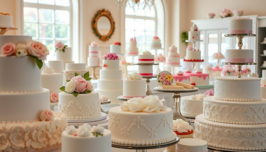 A display of elegantly crafted specialty cakes in a bright, airy bakery setting. Foreground features an assortment of elaborately decorated cakes in various shapes, sizes, and flavors - from tiered wedding cakes adorned with delicate sugar flowers to whimsical birthday cakes with playful, colorful designs. Middle ground showcases additional cakes on tiered stands, reflecting the bakery's diverse selection. Background depicts a warm, inviting space with large windows allowing natural light to pour in, complemented by subtle pastel-toned decor. Overall, the scene evokes a sense of refined sophistication and celebration, perfectly capturing the essence of "Specialty Cakes for Every Occasion".