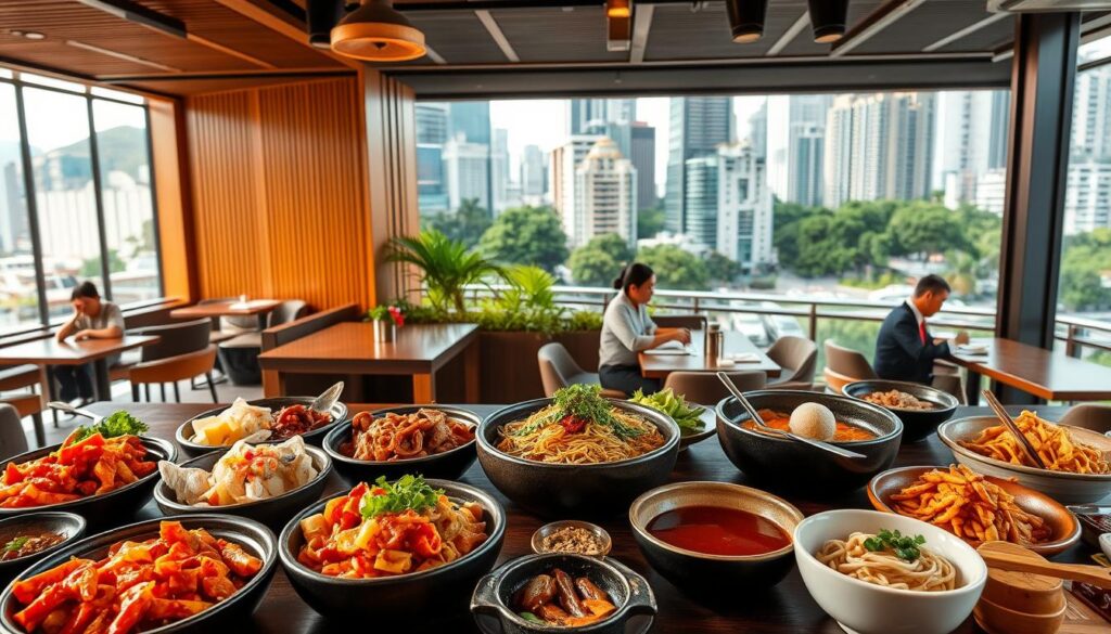 A diverse array of authentic Korean dining options against the backdrop of a bustling Singapore cityscape. In the foreground, a vibrant spread of traditional Korean dishes - fragrant kimchi, sizzling bulgogi, hearty bibimbap, and delicate japchae noodles. Middle ground showcases the lively atmosphere of a modern Korean restaurant, with sleek interiors, wooden accents, and attentive servers. In the background, high-rise buildings and lush greenery create a cosmopolitan, dynamic setting. Warm, natural lighting casts a cozy glow over the scene, capturing the fusion of ancient Korean culinary heritage and the contemporary, global spirit of Singapore.