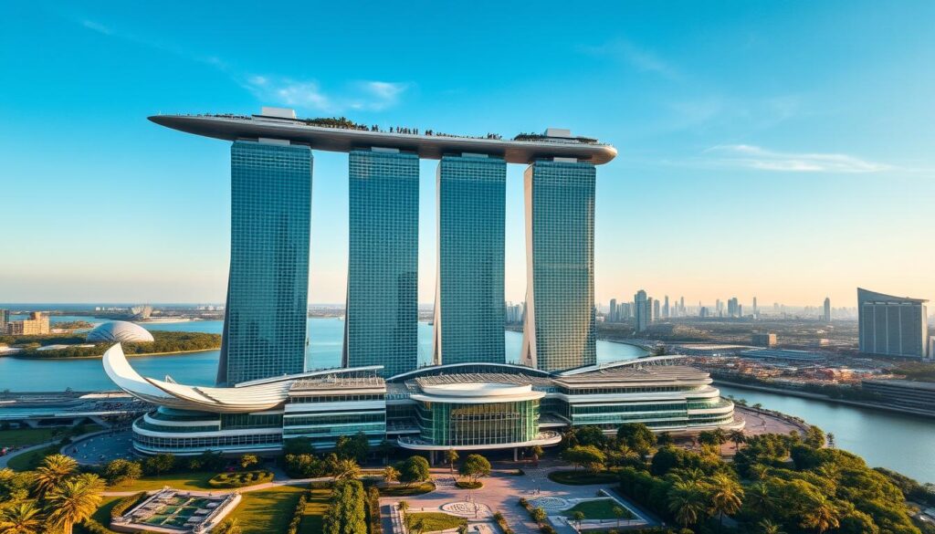A dramatic aerial view of the iconic Marina Bay Sands resort complex in Singapore, capturing its distinctive three-tower structure crowned by a breathtaking skypark. The towers rise majestically against a clear, azure sky, with the glimmering waters of the bay reflecting their sleek, futuristic design. The middle ground features the striking Sands SkyPark, an architectural marvel that appears to float atop the towers, offering panoramic vistas of the city skyline. In the foreground, lush gardens and promenades invite visitors to explore this architectural wonder, while the background showcases the vibrant metropolis of Singapore in the distance, bathed in warm, golden light.