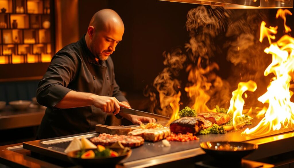 A dynamic teppanyaki chef performs electrifying theatrics on a stainless steel griddle, flames dancing as they expertly slice, toss, and sear the freshest ingredients. Meticulously choreographed movements create a mesmerizing show, with the sizzle of juicy meats and the aroma of seared vegetables filling the air. The chef's hands move with lightning speed, captivating the audience as they skillfully prepare a mouthwatering feast. Warm lighting casts a golden glow, highlighting the chef's focused expression and the vibrant colors of the dish. The scene is a celebration of the culinary arts, where the teppanyaki experience becomes a true sensory delight. A dynamic teppanyaki chef performs electrifying theatrics on a stainless steel griddle, flames dancing as they expertly slice, toss, and sear the freshest ingredients. Meticulously choreographed movements create a mesmerizing show, with the sizzle of juicy meats and the aroma of seared vegetables filling the air. The chef's hands move with lightning speed, captivating the audience as they skillfully prepare a mouthwatering feast. Warm lighting casts a golden glow, highlighting the chef's focused expression and the vibrant colors of the dish. The scene is a celebration of the culinary arts, where the teppanyaki experience becomes a true sensory delight.