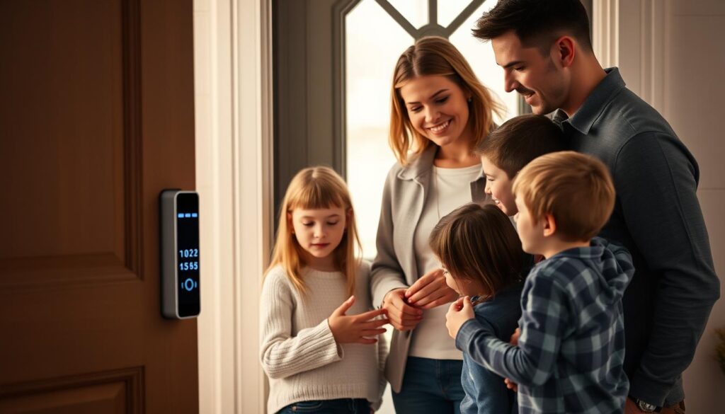 A family of four stands gathered around a modern digital door lock, their faces lit by the warm glow of the device's display. The parents, dressed in casual yet stylish attire, guide their young children as they each take turns unlocking the front door with their unique access codes. The scene conveys a sense of security, technology, and quality family time, captured in a well-lit, high-resolution photograph with a shallow depth of field, focusing the viewer's attention on the family's engaged interaction with the digital lock. A family of four stands gathered around a modern digital door lock, their faces lit by the warm glow of the device's display. The parents, dressed in casual yet stylish attire, guide their young children as they each take turns unlocking the front door with their unique access codes. The scene conveys a sense of security, technology, and quality family time, captured in a well-lit, high-resolution photograph with a shallow depth of field, focusing the viewer's attention on the family's engaged interaction with the digital lock.