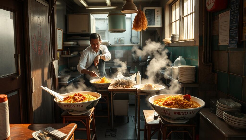 A family-run noodle shop, its weathered storefront beckoning passersby. Inside, steam swirls around the narrow kitchen, where a trio of seasoned cooks expertly prepare steaming bowls of bak chor mee. Crisp, golden-fried anchovies and crunchy pork lardons mingle with springy noodles and a savory, umami-rich broth. Sunlight filters through the windows, casting a warm glow over the modest, well-worn tables and chairs. The air is thick with the aroma of sizzling garlic, ginger, and chili, creating a cozy, homespun atmosphere. This is Seng Kee Bak Chor Mee, a beloved family tradition passed down through generations, where each bowl is a testament to the art of masterful noodle-making.