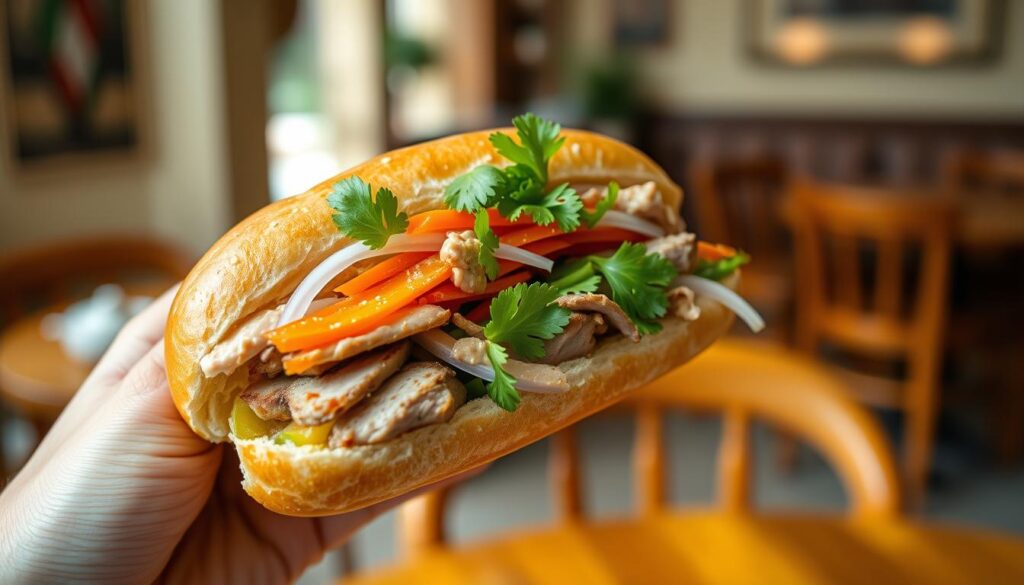 A freshly baked, golden-brown baguette filled with sliced pork, crisp pickled carrots and daikon, fragrant cilantro, and a drizzle of savory pâté. The baguette is held at a slight angle, its crust reflecting the warm, natural lighting of a cozy café setting. The background features a blurred, inviting interior with wooden tables and chairs, hinting at the welcoming atmosphere of a traditional Vietnamese eatery. The composition and focus draw the viewer's attention to the perfectly balanced and mouthwatering banh mi sandwich, capturing the essence of this iconic Vietnamese street food.