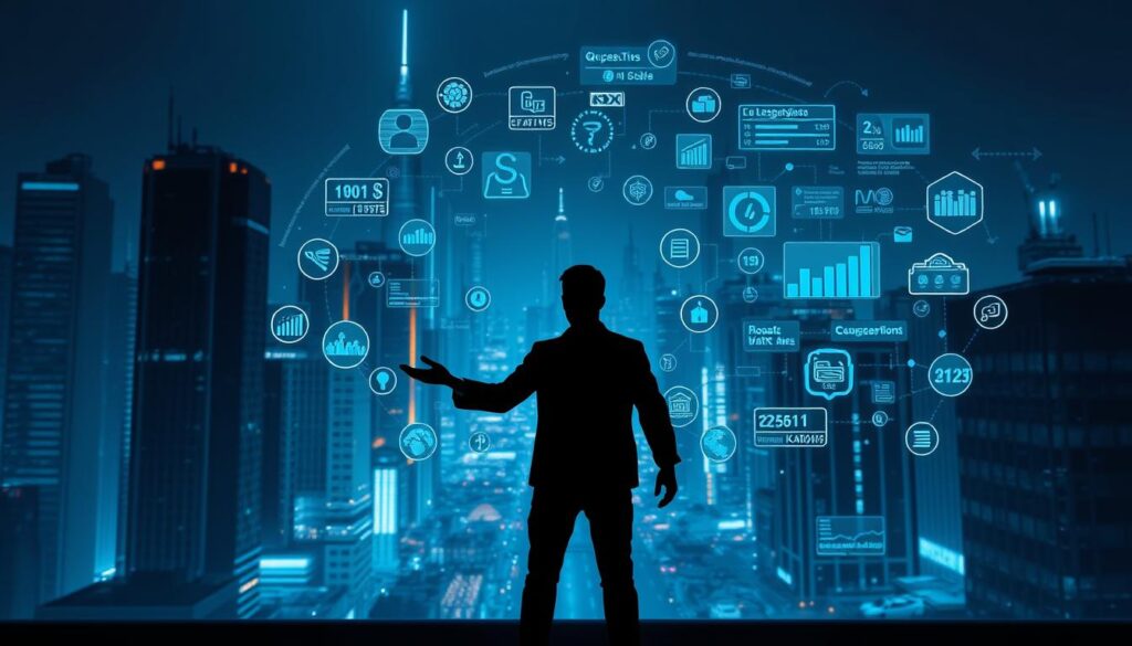 A futuristic cityscape at night, with towering skyscrapers and neon-lit streets. In the foreground, a lone figure stands, hand outstretched, surrounded by a swirling array of holographic data streams and icons representing various roaming data plans. The cityscape is bathed in a cool, blue-tinted lighting, creating a sleek, tech-savvy atmosphere. The figure is sharply silhouetted, highlighting the contrast between the physical and digital realms. The background is filled with a busy network of data visualizations, charts, and graphs, suggesting the complexity and abundance of roaming data options available. The scene conveys a sense of forward-thinking innovation and the seamless integration of technology into daily life.