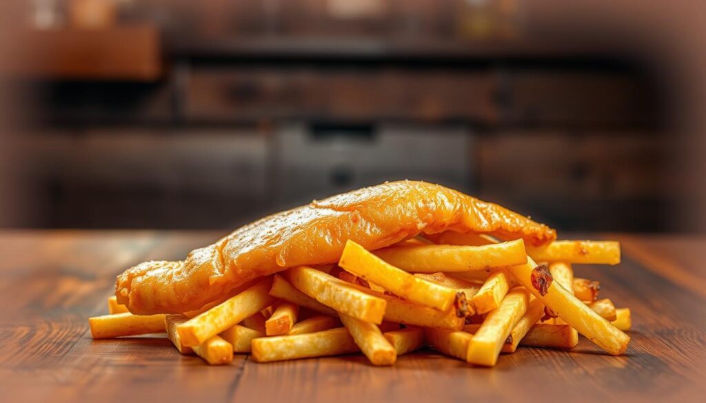 A golden-brown, crispy-fried fish fillet resting atop a pile of freshly-cut, golden-hued potato fries. The fish is glistening with a light batter, while the fries are arranged in an artful, overlapping pattern. The scene is set against a backdrop of a rustic wooden table, with a subtle vignette effect adding depth and focus to the central subject. Warm, ambient lighting casts a inviting glow, highlighting the textures and colors of the delectable seafood and potato dish. The overall atmosphere evokes a cozy, traditional English pub setting, perfect for showcasing the quintessential comfort food of fish and chips.
