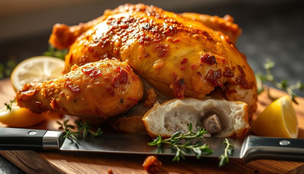 A golden-brown oven-fried chicken, its crispy skin glistening under warm, soft lighting. The bird sits atop a rustic wooden cutting board, surrounded by sprigs of fresh thyme and lemon wedges. The mouthwatering aroma of herbs and rendered chicken fat fills the air, creating an inviting, homey atmosphere. The lighting casts subtle shadows, adding depth and dimension to the scene. The chicken's juicy interior is revealed in the foreground, contrasting with the perfectly crisped exterior. A stainless steel kitchen knife rests nearby, hinting at the careful preparation. This image captures the essence of delicious, oven-baked chicken - a satisfying blend of crunch and tenderness.