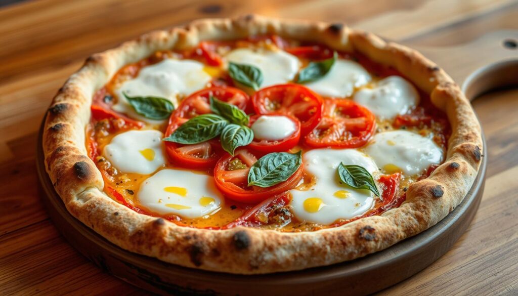 A golden-crusted sourdough pizza, fresh from the brick oven, rests on a rustic wooden board. Bubbling mozzarella cheese cascades over juicy tomato slices, while fragrant basil leaves and a drizzle of olive oil add vibrant color and flavor. The crust has a satisfying chewiness, its aroma wafting through the air, inviting a closer look. Soft lighting casts a warm glow, highlighting the artisanal craftsmanship of this handmade delicacy. A perfect balance of tradition and modern technique, this sourdough pizza is a tempting centerpiece, showcasing the best of artisanal pizza-making. A golden-crusted sourdough pizza, fresh from the brick oven, rests on a rustic wooden board. Bubbling mozzarella cheese cascades over juicy tomato slices, while fragrant basil leaves and a drizzle of olive oil add vibrant color and flavor. The crust has a satisfying chewiness, its aroma wafting through the air, inviting a closer look. Soft lighting casts a warm glow, highlighting the artisanal craftsmanship of this handmade delicacy. A perfect balance of tradition and modern technique, this sourdough pizza is a tempting centerpiece, showcasing the best of artisanal pizza-making.