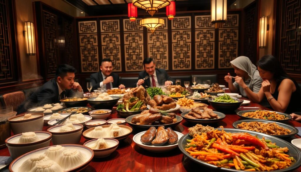 A grand Cantonese feast unfolds on a polished wooden table, set against the backdrop of a dimly lit, elegant dining room. In the foreground, an array of sumptuous dishes - steaming dim sum, glistening roast meats, and vibrant stir-fried vegetables - beckon. The middle ground features well-dressed patrons savoring the flavors, their expressions of delight captured in the warm, softly-lit ambiance. In the background, intricate carved screens and hanging lanterns add to the authentic Cantonese atmosphere, inviting the viewer to immerse themselves in this captivating dining experience. A grand Cantonese feast unfolds on a polished wooden table, set against the backdrop of a dimly lit, elegant dining room. In the foreground, an array of sumptuous dishes - steaming dim sum, glistening roast meats, and vibrant stir-fried vegetables - beckon. The middle ground features well-dressed patrons savoring the flavors, their expressions of delight captured in the warm, softly-lit ambiance. In the background, intricate carved screens and hanging lanterns add to the authentic Cantonese atmosphere, inviting the viewer to immerse themselves in this captivating dining experience.