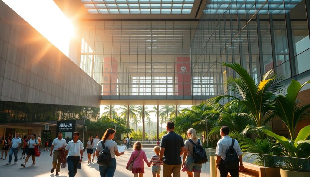 A grand, contemporary museum facade stands proudly, its sleek glass and steel construction bathed in warm, golden afternoon light. People leisurely stroll through the spacious, airy atrium, marveling at the striking architectural features. In the middle ground, a family pauses to consult a directory, planning their museum tour. Beyond, lush tropical greenery frames the scene, creating a serene, inviting atmosphere. The overall impression is one of sophistication, accessibility, and a celebration of art and culture in the heart of vibrant Singapore.