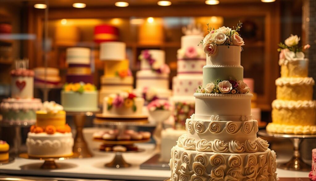 A grand display of occasion cakes in a bakery window, bathed in warm, soft lighting that casts a cozy glow. In the foreground, an elegant tiered cake adorned with intricate piping, fresh flowers, and delicate sugar decorations. Behind it, a selection of colorful, artfully decorated cakes - from vibrant birthday cakes to refined anniversary tiers, all showcasing the bakery's expertise in crafting the perfect cakes for every celebratory moment. The scene evokes a sense of celebration, indulgence, and the anticipation of cherished occasions to come.