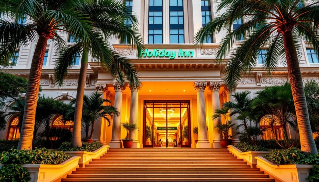A grand, elegant facade of the Holiday Inn Singapore, its neoclassical architecture bathed in warm, golden light. Lush palm trees and tropical foliage frame the scene, creating a serene, inviting atmosphere. The hotel's entryway is adorned with ornate columns and intricate carvings, hinting at the luxurious experience within. A wide, welcoming staircase leads up to the main entrance, where guests can catch a glimpse of the vibrant, bustling lobby through the glass doors. The image conveys a sense of high-end hospitality, perfect for showcasing the renowned buffet restaurant inside.