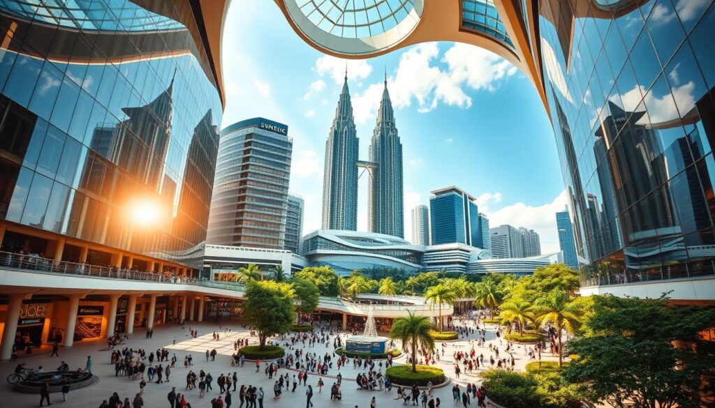 A grand, expansive view of Suntec City Mall, the iconic shopping destination in Singapore. In the foreground, a bustling plaza filled with shoppers, their reflections dancing on the sleek, polished floors. Towering glass facades rise up, bathed in warm, golden sunlight that filters through the skylight above. Lush greenery lines the walkways, creating a serene oasis amidst the urban landscape. The mid-ground showcases the mall's distinctive architecture, with its futuristic curves and angles. In the background, the iconic Suntec City Towers stand tall, their spires reaching towards the cloudless, azure sky. The scene exudes a sense of vibrant energy and modern sophistication, perfectly capturing the essence of this renowned shopping haven.