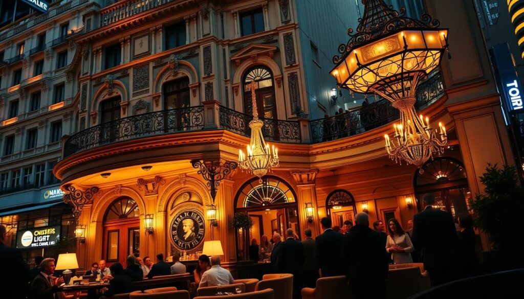 A grand, iconic club with a rich, storied history stands proud in the heart of the bustling city. The exterior is a magnificent blend of classic architectural elements, with intricate facades and ornate details that command attention. The interior exudes an air of timeless elegance, with plush furnishings, grand chandeliers, and a warm, inviting ambiance. Patrons gather to indulge in the club's legendary hospitality, sipping on expertly crafted cocktails and enjoying the vibrant energy of the space. The lighting is soft and atmospheric, casting a warm glow that enhances the club's timeless allure. The overall scene evokes a sense of sophistication, history, and the enduring appeal of these iconic establishments that have stood the test of time.