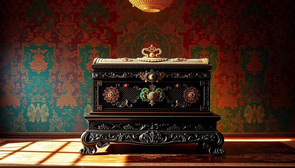 A grand imperial treasure chest sits majestically on a carved ebony table, illuminated by soft golden light from above. The lacquered box is adorned with intricate jade, pearl, and cloisonné embellishments, hinting at the precious contents within. In the background, a richly patterned silk tapestry in deep crimson and emerald tones creates a sense of opulence and grandeur. The composition is balanced and symmetrical, capturing the essence of imperial Chinese elegance and luxury.