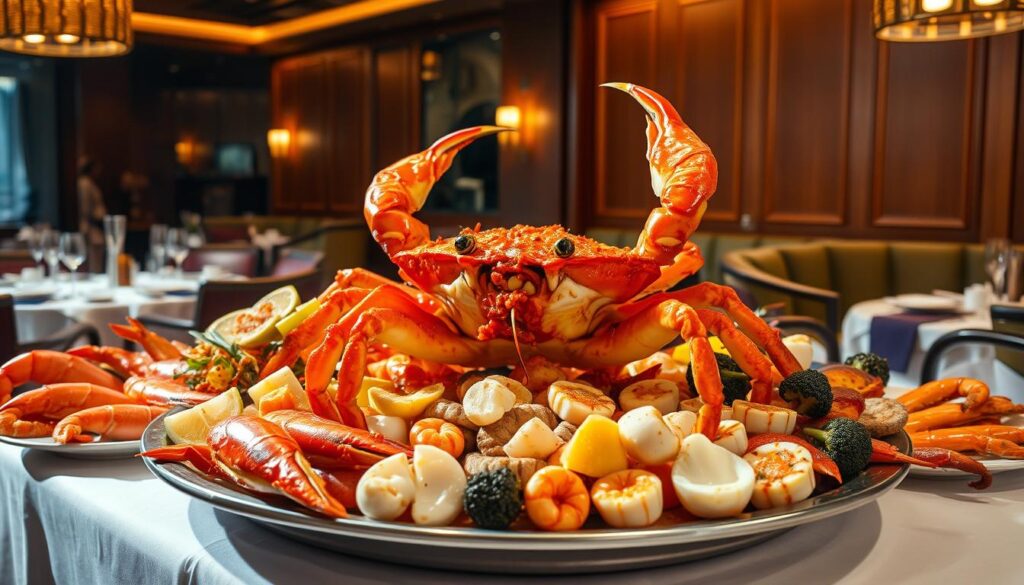 A grand, meticulously-prepared seafood feast set against a dimly-lit, elegant restaurant interior. In the foreground, a large, glistening chilli crab takes center stage, its thick, juicy legs overflowing with succulent meat. Surrounding it, an array of jumbo prawns, scallops, and other premium seafood delicacies, artfully arranged on a white tablecloth. Warm, soft lighting casts a golden glow, creating a cozy, intimate atmosphere. The background features a luxurious, wood-paneled wall, with plush seating and discreet table settings, hinting at the restaurant's renowned reputation for exceptional Singaporean cuisine.