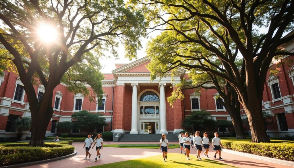 A grand, neo-classical facade of a primary school, its arched entryway and columns radiating a sense of timelessness. The sun casts a warm glow, illuminating the intricate brickwork and manicured gardens that frame the building. Students in crisp uniforms hurry along the winding paths, their laughter and chatter infusing the scene with a vibrant energy. Towering trees provide a verdant backdrop, their swaying branches casting delicate shadows across the grand, stately structure. This is Holy Innocents' Primary, a bastion of academic excellence, its hallowed halls echoing with the proud traditions of Singapore's educational legacy.