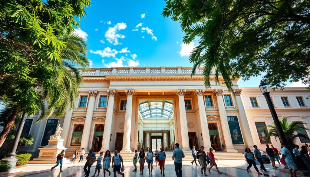 A grand neoclassical facade of a museum set against a clear blue sky, with lush tropical foliage framing the scene. The entrance is adorned with intricate columns and statues, inviting visitors to explore the cultural riches within. Sunlight streams through the glass-paneled atrium, illuminating the grand lobby and its elegant marble floors. Families and tourists stroll leisurely, their faces alight with wonder and discovery. The mood is one of tranquility and intellectual curiosity, capturing the essence of a free, world-class museum experience in Singapore.