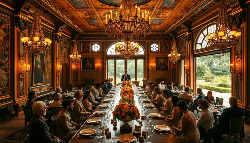 A grand, opulent dining hall bathed in warm, golden light. Ornate chandeliers illuminate a long, intricately carved wooden table set with gleaming silver platters, delicate porcelain, and decorative floral arrangements. Elegant, richly-dressed guests seated around the table, engaged in lively conversation, savoring the aromas of an elaborate, multi-course feast. Intricate frescoes and tapestries adorn the walls, while large windows offer a glimpse of lush, manicured gardens beyond. The atmosphere exudes a sense of timeless, regal sophistication - a true 'royal dining experience' fit for a Maharani.