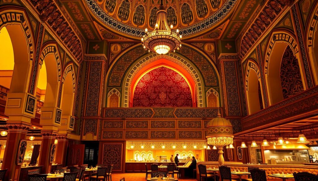 A grand, ornate Islamic restaurant with intricate architectural details. Elegant arched entrances, domed roofs, and intricate tile patterns adorn the facade. The interior is illuminated by warm, ambient lighting, casting a soft glow on the rich, opulent fabrics and ornate furnishings. The dining area features ornate chandeliers, plush seating, and detailed latticework screens. The kitchen area is bustling with activity, the aroma of spices and sizzling meats wafting through the air. The overall atmosphere exudes a sense of historical grandeur and regal hospitality, reflecting the legacy of royal patronage.