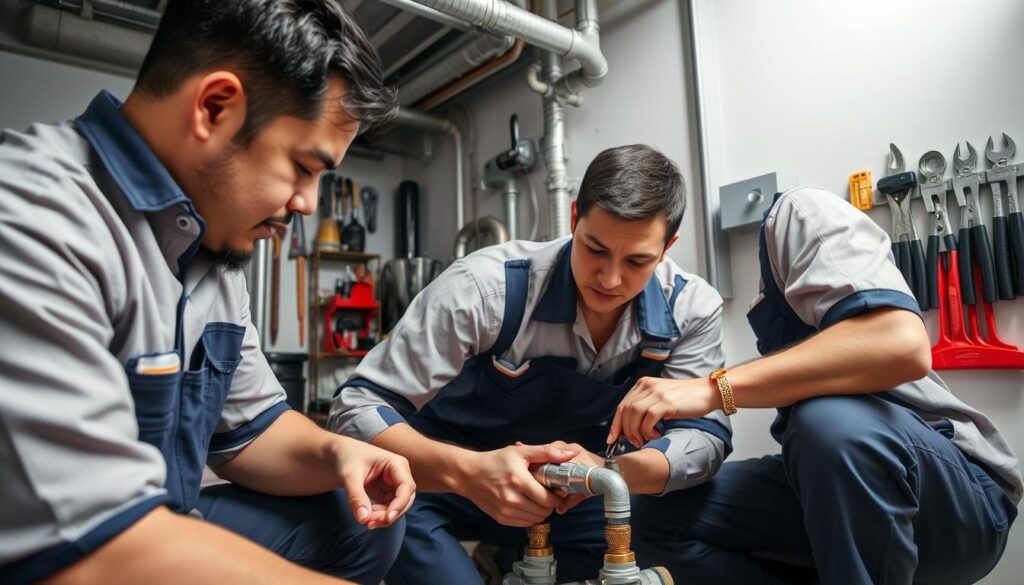 A group of licensed plumbers in Singapore, dressed in their professional uniforms, working diligently on a residential plumbing issue. The scene is well-lit, captured from a mid-level angle, showcasing their expertise and attention to detail as they inspect and repair the pipes. The background features a neatly organized tool kit, conveying the plumbers' preparedness and professionalism. The overall atmosphere exudes a sense of reliability, competence, and the importance of hiring licensed professionals to ensure the safe and efficient maintenance of a home's plumbing system.
