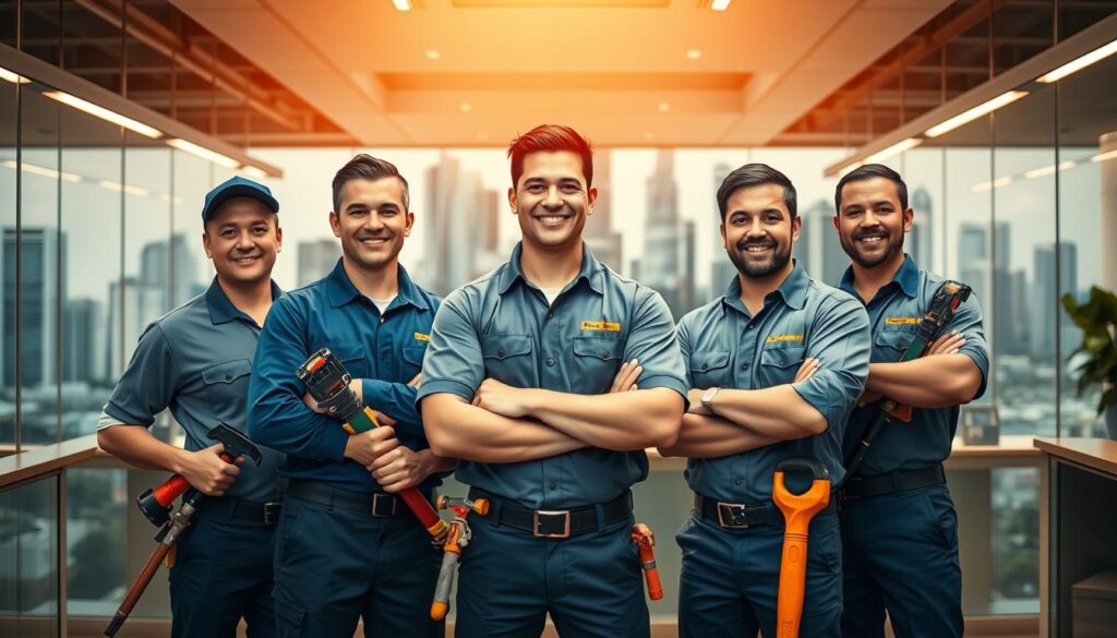A group of professional plumbers standing proudly in a well-lit commercial setting, wearing clean uniforms and holding their tools of the trade. In the background, a cityscape of Singapore's iconic skyscrapers and landmarks, conveying a sense of trust and reliability. The lighting is warm and inviting, creating a welcoming atmosphere. The plumbers' expressions are friendly and approachable, reflecting their commitment to excellent customer service. The overall composition suggests a reliable, trustworthy team of experts ready to tackle any plumbing challenge in Singapore.