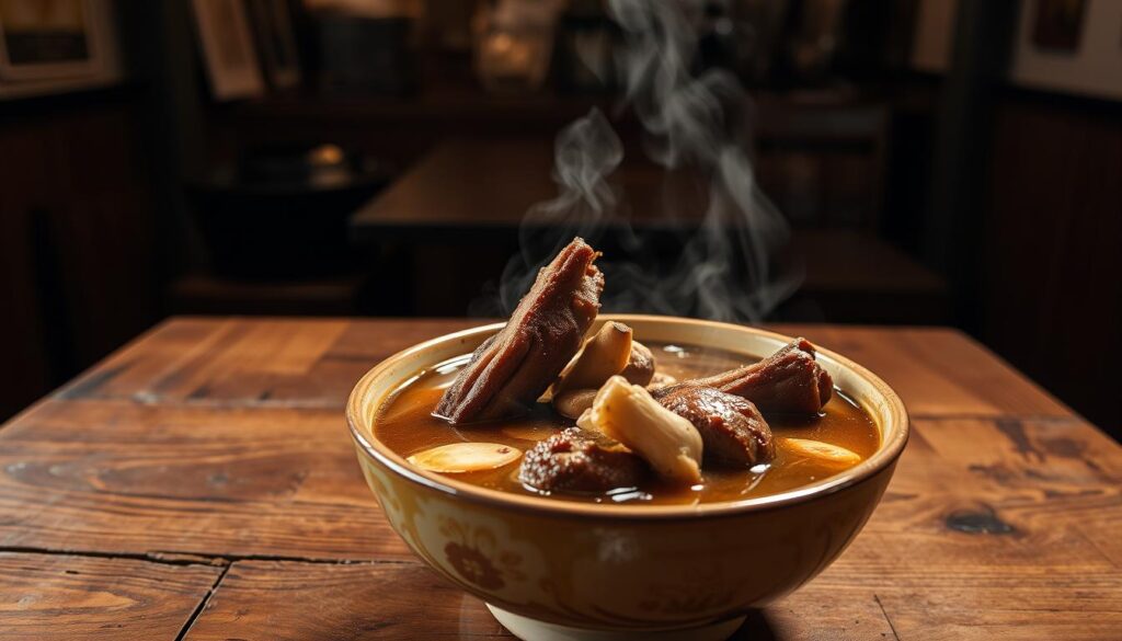 A hearty bowl of Ng Ah Sio Bak Kut Teh, its rich peppery broth steaming in the foreground. Thick, succulent pork ribs and mushrooms nestled within, casting inviting shadows. In the middle ground, a wooden table with a worn, weathered surface, echoing the traditional charm of this iconic Singaporean dish. The background evokes a cozy, rustic ambiance, with warm lighting illuminating the scene, creating a tantalizing atmosphere that beckons the senses. This image captures the essence of the "Peppery Powerhouse" that is Ng Ah Sio Bak Kut Teh, a true culinary icon worthy of its place among Singapore's top bak kut teh establishments.