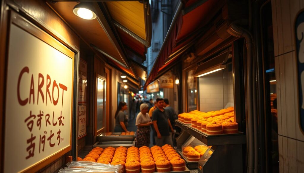 A hidden alleyway in the heart of Singapore, lined with charming carrot cake stalls, their awnings casting warm, inviting shadows. In the foreground, a cozy stall with a hand-painted sign, the aroma of freshly grated carrots and spices wafting through the air. In the middle ground, passersby pause to admire the colorful displays of moist, perfectly-textured carrot cakes, their vibrant orange hues a tantalizing sight. In the background, the bustling city streets fade into a soft, atmospheric blur, creating a sense of discovery and exclusivity. Lit by the gentle glow of overhead lamps, the scene exudes an air of artisanal craftsmanship and local flavor, inviting the viewer to uncover these hidden culinary gems.